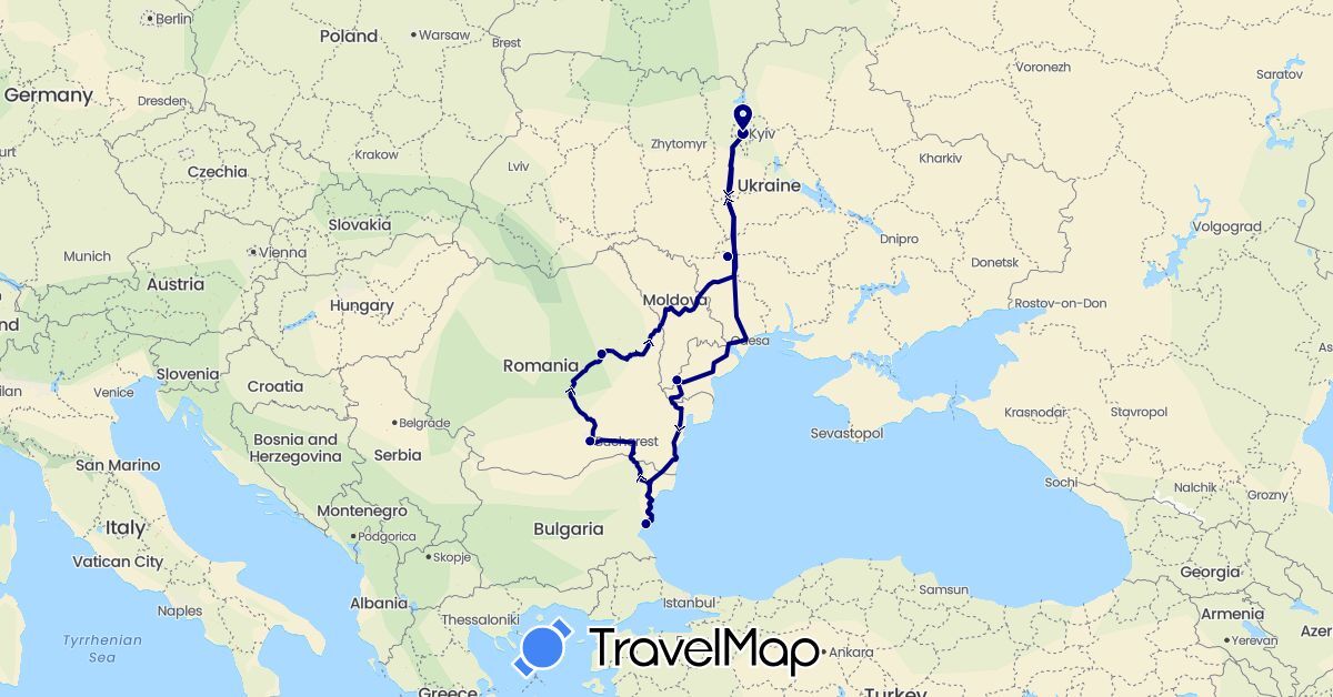 TravelMap itinerary: driving in Bulgaria, Romania, Ukraine (Europe)