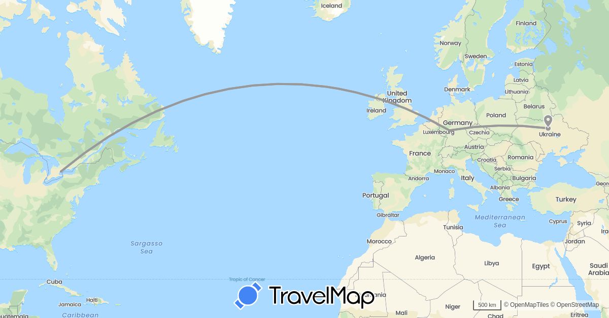 TravelMap itinerary: driving, plane in Canada, Germany, Ukraine (Europe, North America)
