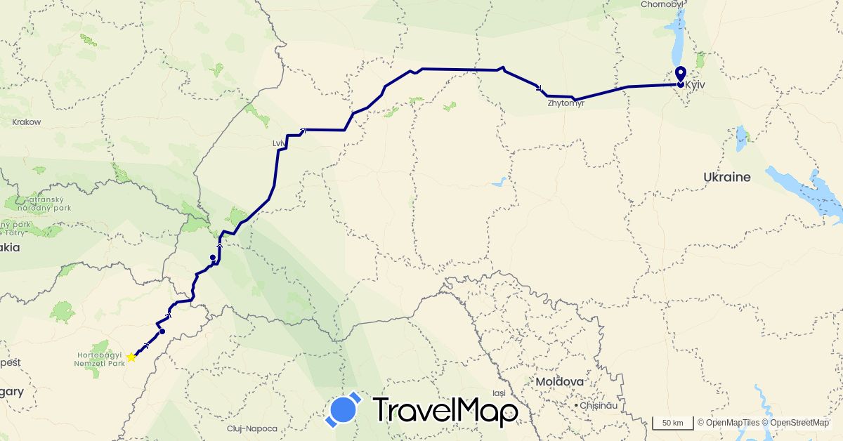 TravelMap itinerary: driving in Hungary, Ukraine (Europe)