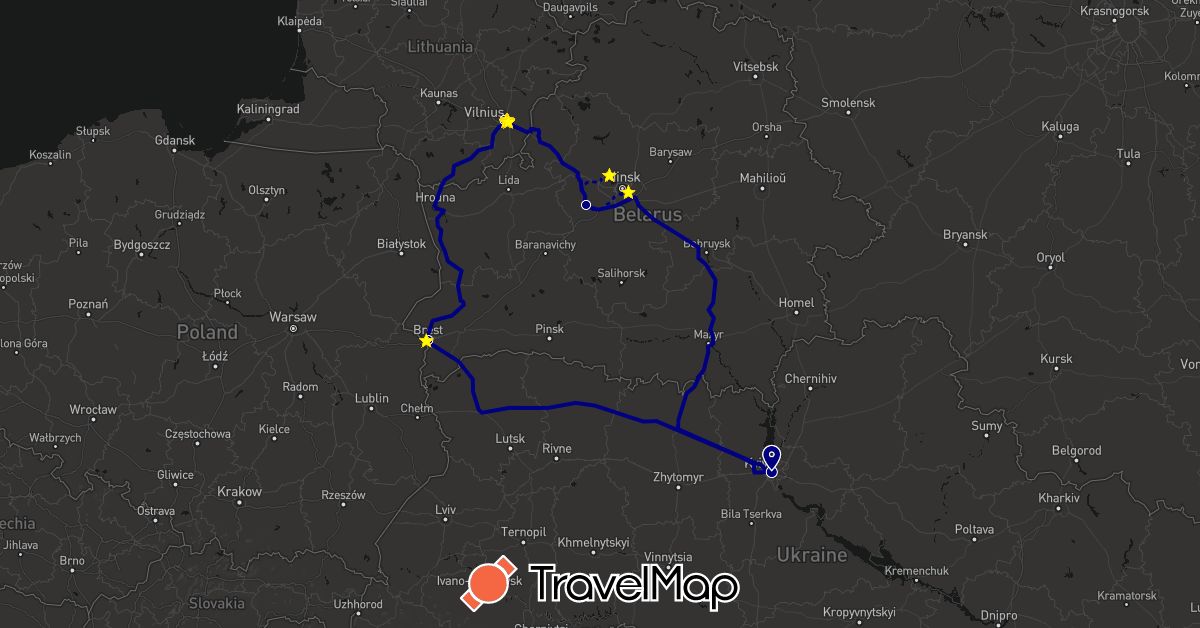 TravelMap itinerary: driving, hiking in Belarus, Lithuania, Ukraine (Europe)