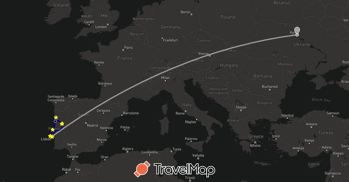 TravelMap itinerary: driving, plane, hiking in Portugal, Ukraine (Europe)
