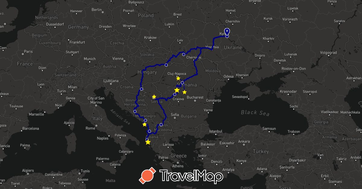 TravelMap itinerary: driving, hiking in Albania, Bosnia and Herzegovina, Croatia, Hungary, Montenegro, Macedonia, Romania, Serbia, Ukraine (Europe)