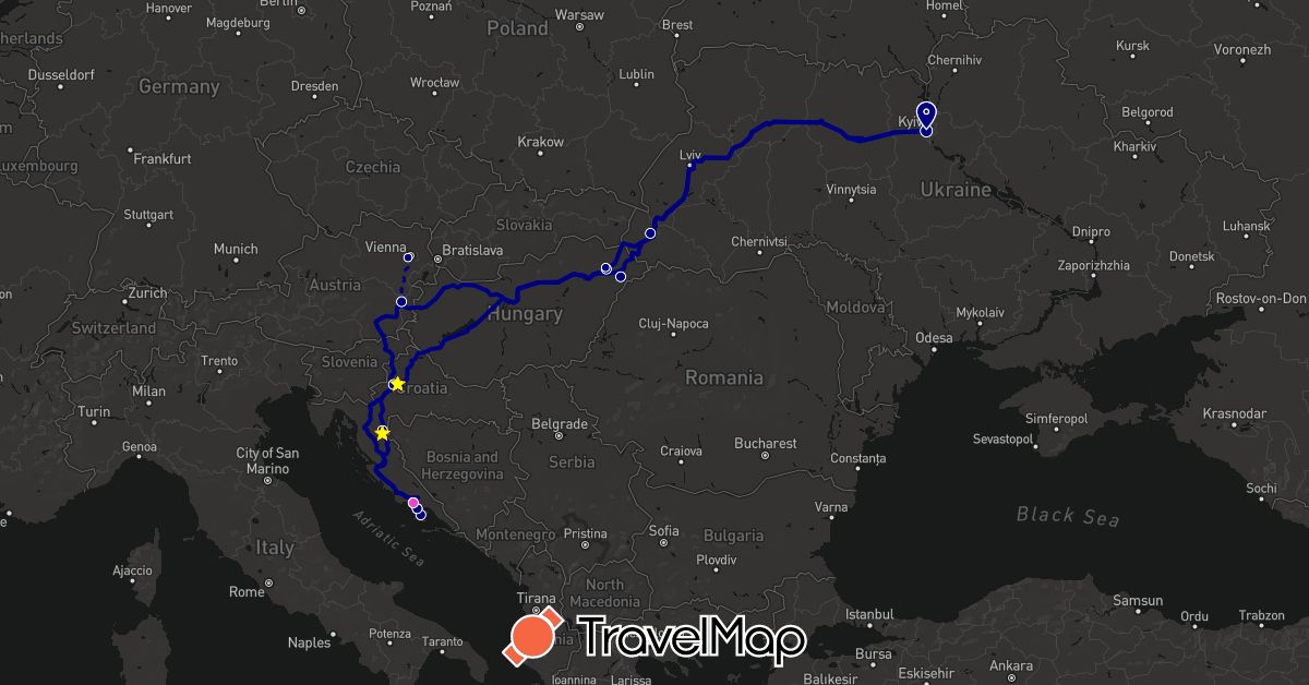 TravelMap itinerary: driving, hiking, ferry in Austria, Croatia, Hungary, Ukraine (Europe)