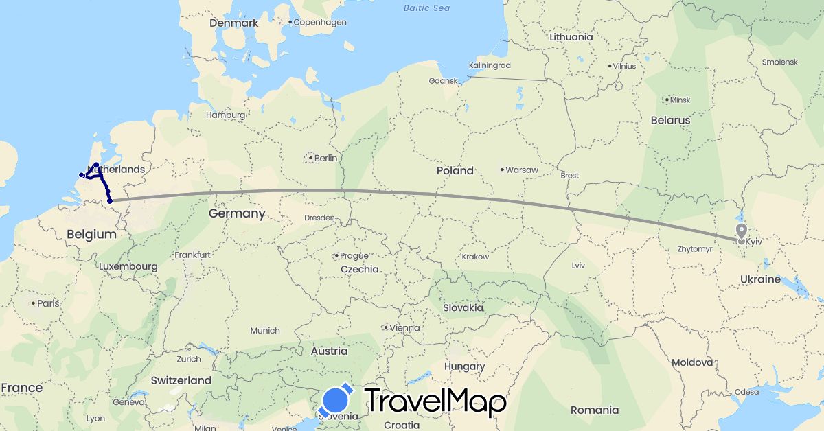 TravelMap itinerary: driving, plane in Netherlands, Ukraine (Europe)