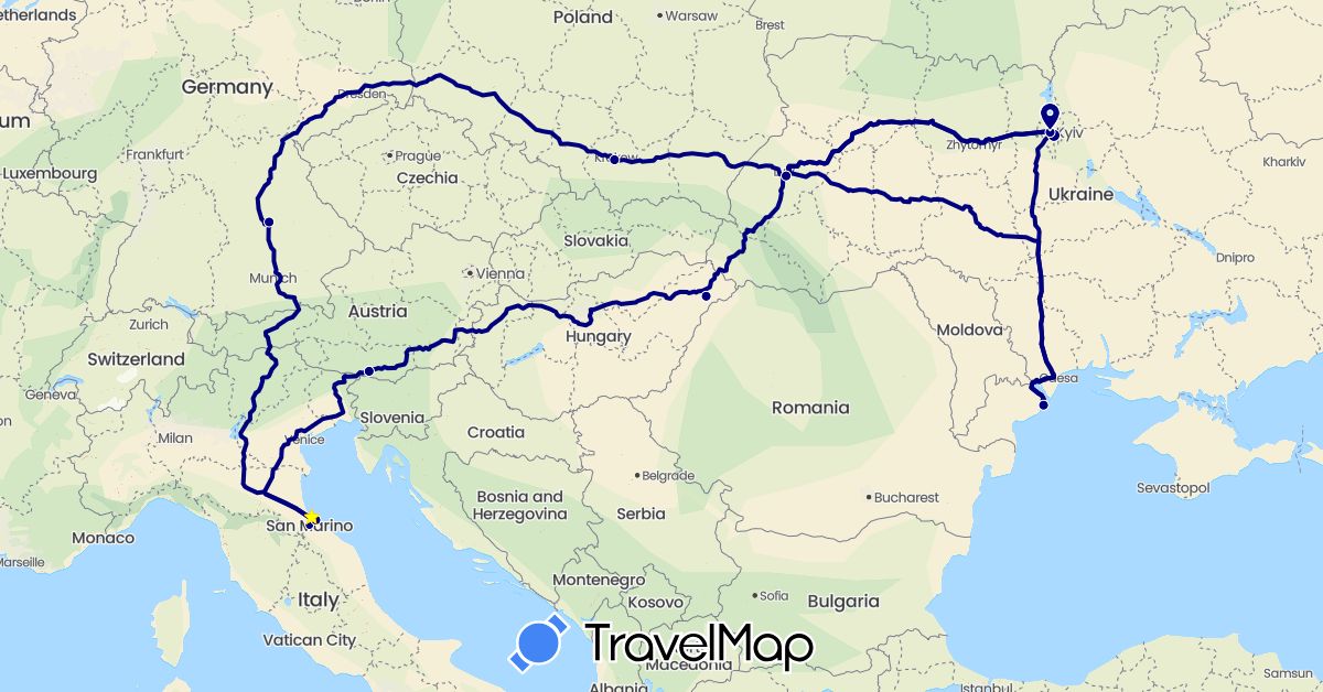 TravelMap itinerary: driving in Austria, Germany, Hungary, Italy, Poland, San Marino, Ukraine (Europe)